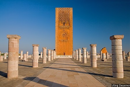 blue sky, columns, Hassan Tower, minaret, morning light, Morocco, Rabat, Rabat-Sal&eacute;-Zemmour-Za&euml;r, Marokko, Rabat-Sale-Zemmour-Zaer