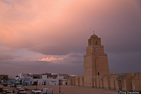 Great Mosque of Kairouan Gouvernorat Kairouan, colorful clouds, evening light, Kairouan, minaret, mosque, sunset, Tunisia