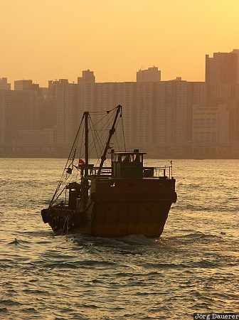 China, Hong Kong, sunrise, morning light, boat, Sonnenaufgang, boot