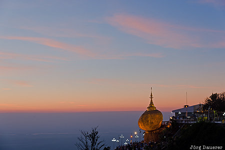 blue hour, Burma, evening light, flood-lit, Golden Rock, Kyaiktiyo Pagoda, Kyaikto, Myanmar, Mon State