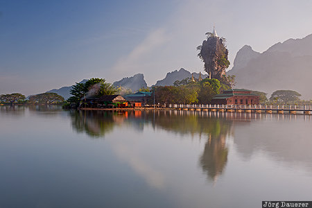 Hpa-An, burma, fog, Kayin State, Kyauk Ka Lat Pagoda, mist, morning light, Myanmar