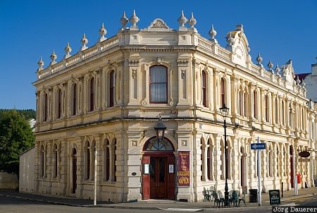 New Zealand, Oamaru, blue sky, Criterion Hotel, door, facade, limestone, Otago, Neuseeland