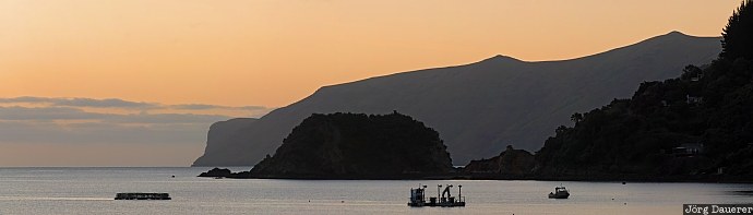 New Zealand, Canterbury, Wainui, akaroa harbor, banks peninsula, boats, clouds, Neuseeland