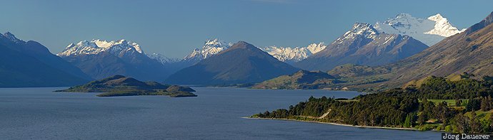 blue sky, coast, Creighton, evening light, island, lake, Lake Wakatipu, New Zealand, Neuseeland