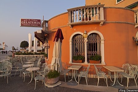 cafe, chairs, desks, evening light, Italy, Lago di Garda, Lake Garda, Italien, Italia