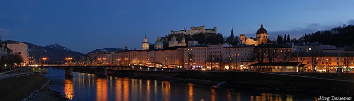 Festung Hohensalzburg, artificial light, caslte, evening light, blue hour, reflexion, river, Austria, Österreich, Oesterreich