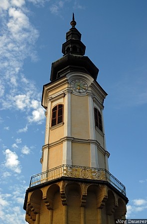 Austria, Styria, Bad Radkersburg, blue sky, clock, clouds, tower, Österreich, Steiermark, Oesterreich