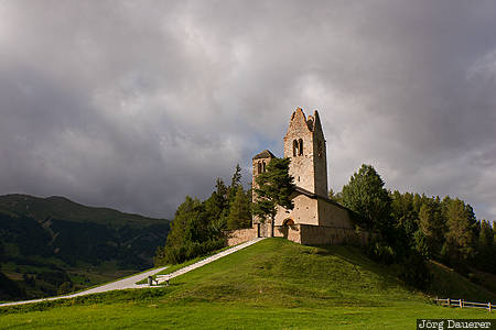 San Gian Celerina, Celerina/Schlarigna, CHE, Kanton Graubünden, Switzerland, church, dark clouds, Graubünden, Schweiz, Graubuenden