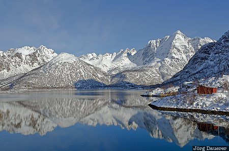 Sløverfjorden Reflexion Austvågøy, clouds, Fiskebøl, hut, Laupstad, Lofoten, Lofoten archipelago, Norway, Nordland, Norwegen, Norge