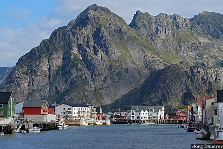 Henningsvær Austvågøy, blue sky, clouds, fishing boat, Henningsvær, Lofoten, Lofoten archipelago, Norway, Nordland, Norwegen, Norge