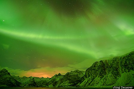 Aurora Borealis, Austvågøy, green, mountains, night, northern lights, peaks, Norway, Nordland, Norwegen, Norge