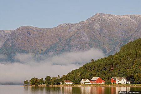 Strynevatnet Hjelle, Loen, Norway, Sogn og Fjordane, fog, lake, morning light