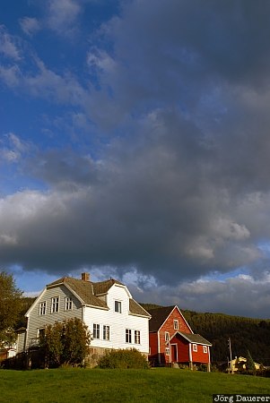 Hafslo blue sky, clouds, evening light, farms, green, Hafslo, Leikanger, Norway, Sogn og Fjordane, Norwegen, Norge