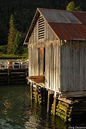 Boathouse Norway, Sogn og Fjordane, Solvorn, boathouse, Lusterfjord, morning light, shadow, Norwegen, Norge