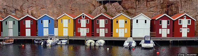 blue, boats, Bohuslän, colorful, green, huts, jetty, Sweden