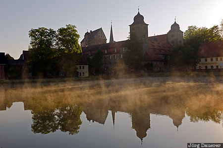 Bavaria, Castle of Thurnau, fog, mist, morning light, oberfranken, pond, Germany, Thurnau, Deutschland, Bayern