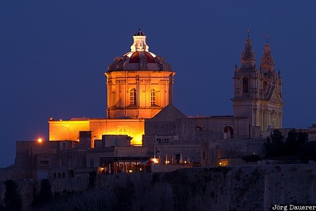 Malta, Mtarfa, artificial light, blue hour, cathedral, church, floodlight