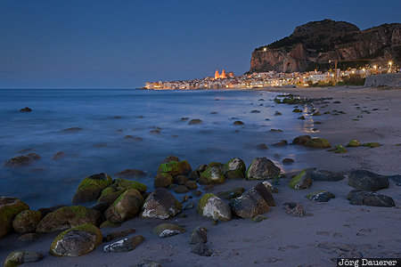 Cefalù, ITA, Italy, beach, blue hour, Cefalù Cathedral, evening light