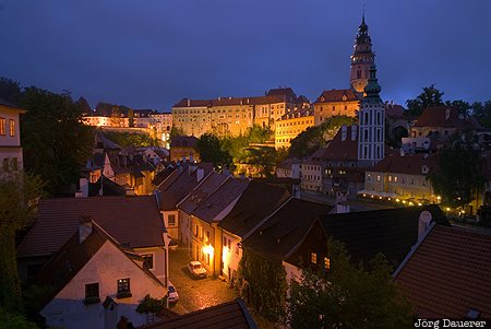 alley, blue hour, castle, Ceský Krumlov, city, Czech Republic, floodlit, South Bohemia, Tschechien, Südböhmen, Jihoceský kraj, Suedboehmen, Jihocesky kraj