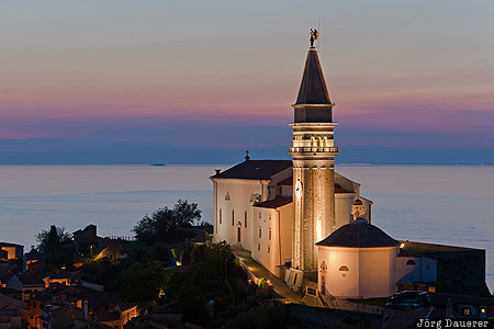 Piran, blue hour, church, church of Saint George, evening light, flood-lit, Mediterranean Sea, Slovenia, Slovene Littoral