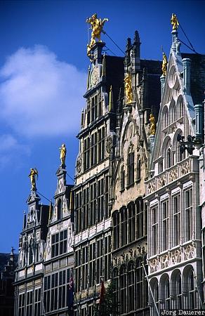 Houses, gables, Antwerp, Belgium, Flanders, blue sky, white clouds, Belgien