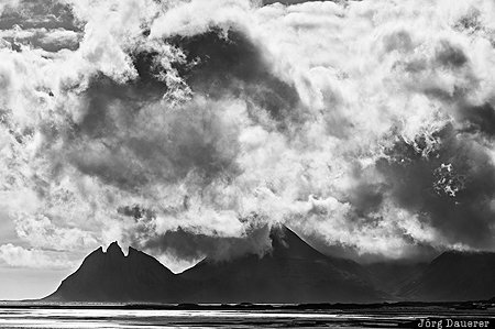 Austurland, Höfn, Iceland, ISL, atlantic ocean, black and white, clouds, Hoefn