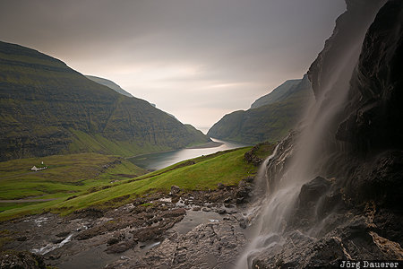 Saksun Waterfall Faroe Islands, FRO, Saksun, back-lit, church, evening light, lake, Steymoy, Färöer-Inseln, Faeroeer-Inseln
