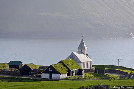 Faroe Islands, Fodlendi, FRO, church, grass roof, green, north atlantic, Viðareiði, Färöer-Inseln, Vidareidi, Faeroeer-Inseln