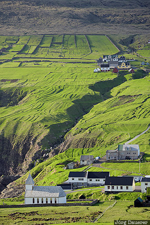 Faroe Islands, FRO, church, Fodlendi, green, meadow, north atlantic, Viðareiði, Färöer-Inseln, Vidareidi, Faeroeer-Inseln