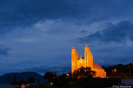 Akureyri, Iceland, ISL, Akureyrarkirkja, blue hour, church, Norðurland eystra, Nordurland eystra