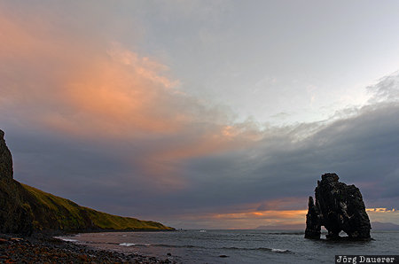 Iceland, ISL, Norðurland Vestra, Vesturhópshólar, basalt stack, Hvítserkur, morning light, Nordurland Vestra, Vesturhopsholar