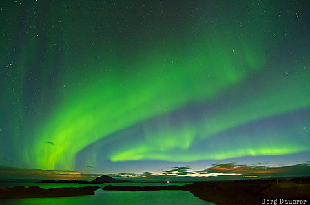 Iceland, ISL, Norðurland Eystra, Reykjahlíð, Aurora Borealis, lake, Mývatn, Nordurland Eystra, Reykjahlid