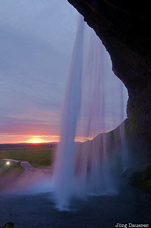 Seljalandsfoss ISL, Island, Stóri-Dalur, Suðurland, back-lit, evening light, long exposure, Iceland, Austurland, Stori-Dalur