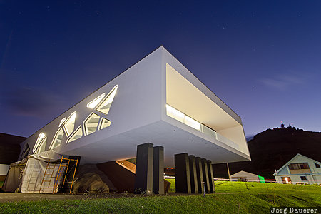Museu e Auditório Municipal Azores, Portugal, PRT, Santa Cruz das Flores, blue hour, evening light, flood-lit