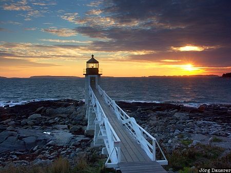 Marshall Point Lighthouse Atlantic ocean, United States, Maine, Port Clyde, beach, clouds, coast, USA, Vereinigte Staten, ME
