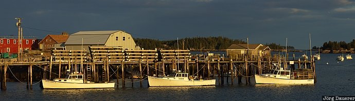 USA, Maine, Stonington, evening light, sky, dark clouds, fishing boat