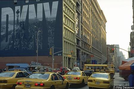 yellow cabs, streets of New York City, DKNY, New York, Manhattan, United States, US