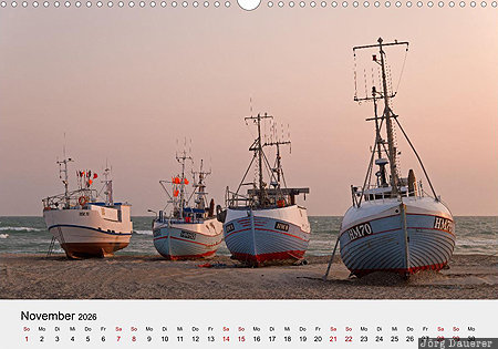 Boats at Thorup Strand, North Jutland, Denmark, calendar, November, German, Dänemark, Daenemark
