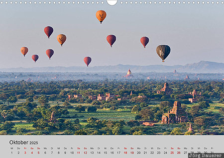 Balloons over Bagan, Mandalay-Region, Myanmar, Burma, calendar, October, German