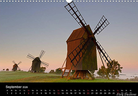 Windmills on Öland, Kalmar län, South Sweden, calendar, September, Sweden, Windmills on Oeland