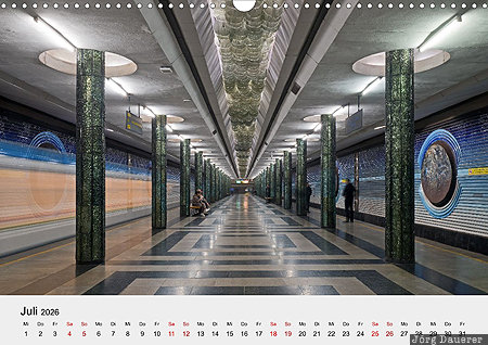 Kosmonavtlar Metro Station, Tashkent, Uzbekistan, calendar, July, German