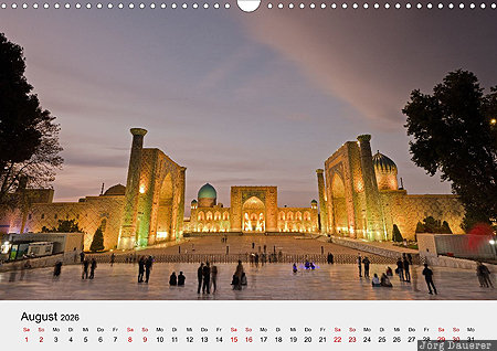 Registan, Samarkand, Uzbekistan, calendar, August, German