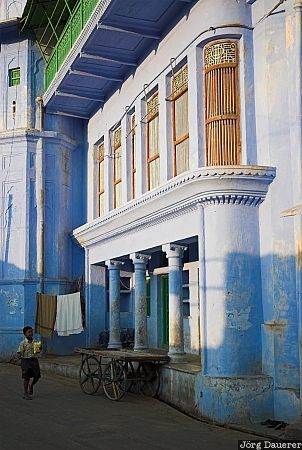 alley, balcony, blue, boy, carriage, columns, evening light
