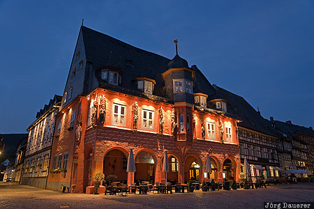 Goslar Town Hall DEU, Germany, Goslar, blue hour, flood-lit, medieval, morning light, Lower Saxony, Deutschland, Niedersachsen