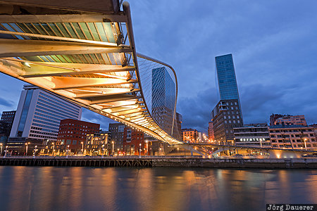 Zubizuri Bilbao, ESP, Basque Country, blue hour, bridge, Campo Volantin Bridge, flood-lit, Spain, Spanien, Espana